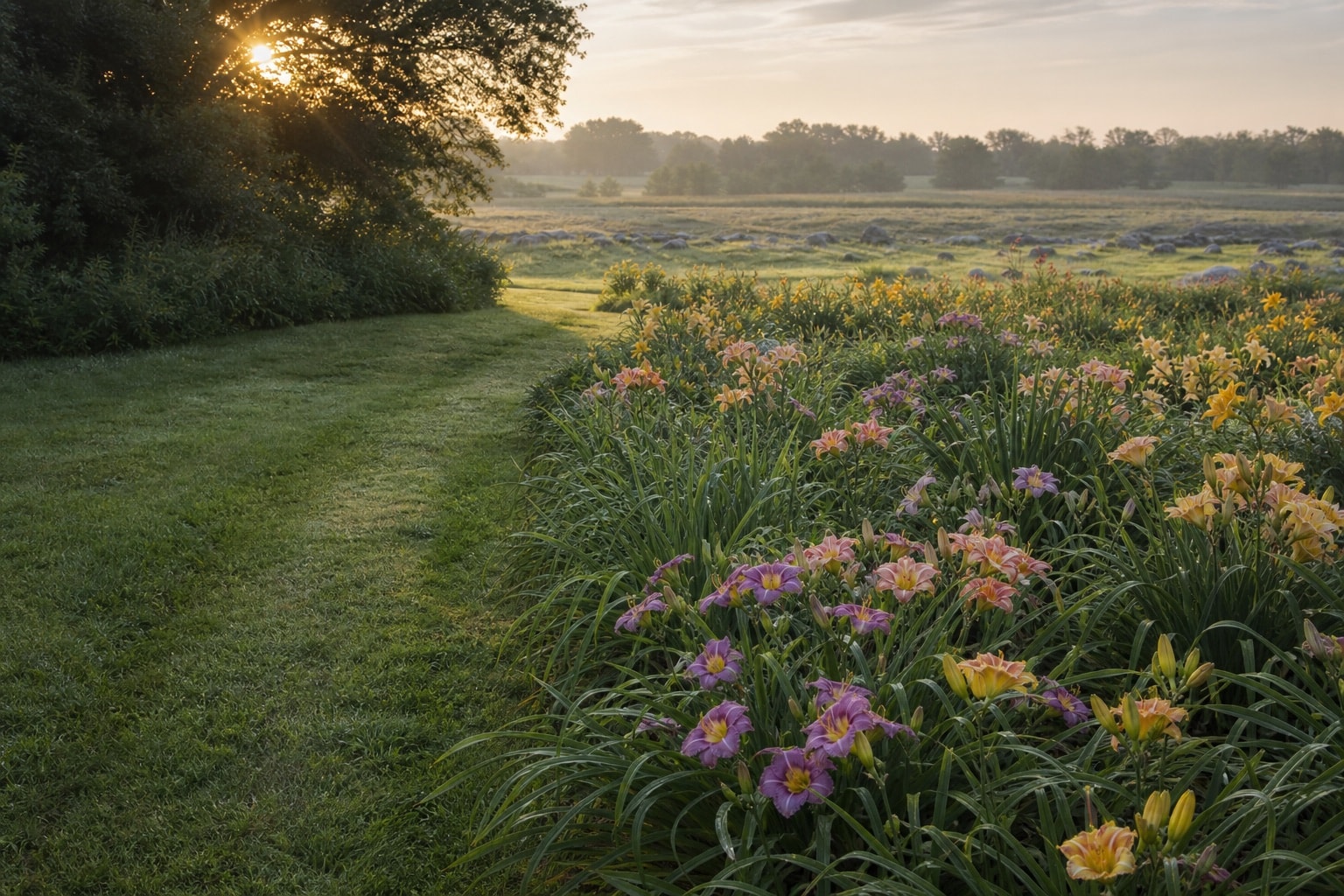 A mixed daylily border glowing in early summer light